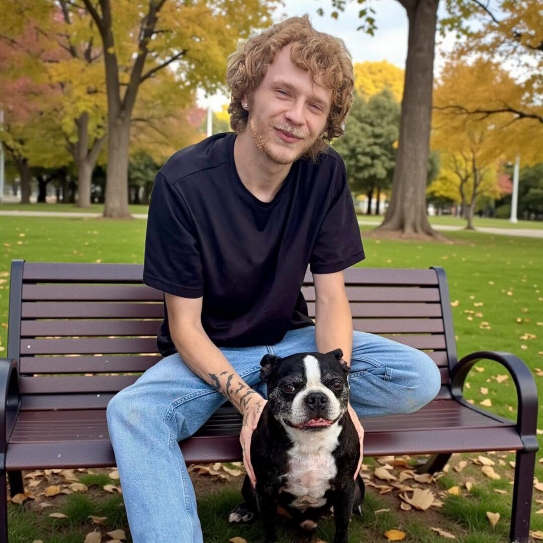 Smiling man sitting on park bench with dog