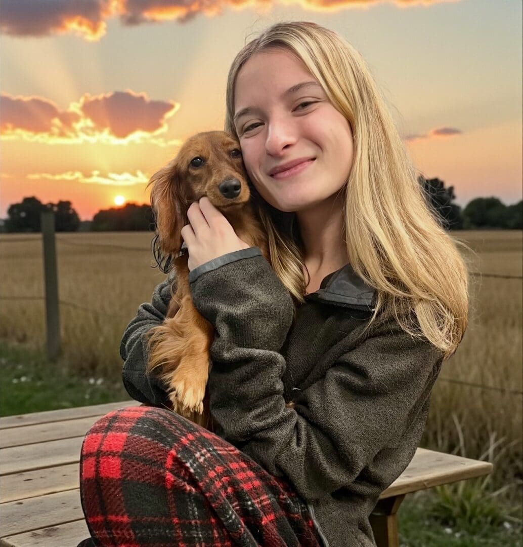 Smiling young woman cuddling dachshund at sunset